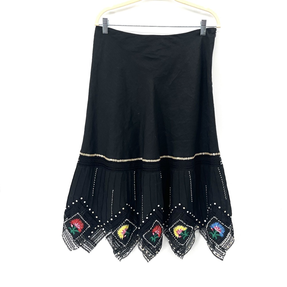 Vintage Whimsigoth beaded embroidered boho fairycore linen Black flower Skirt 10